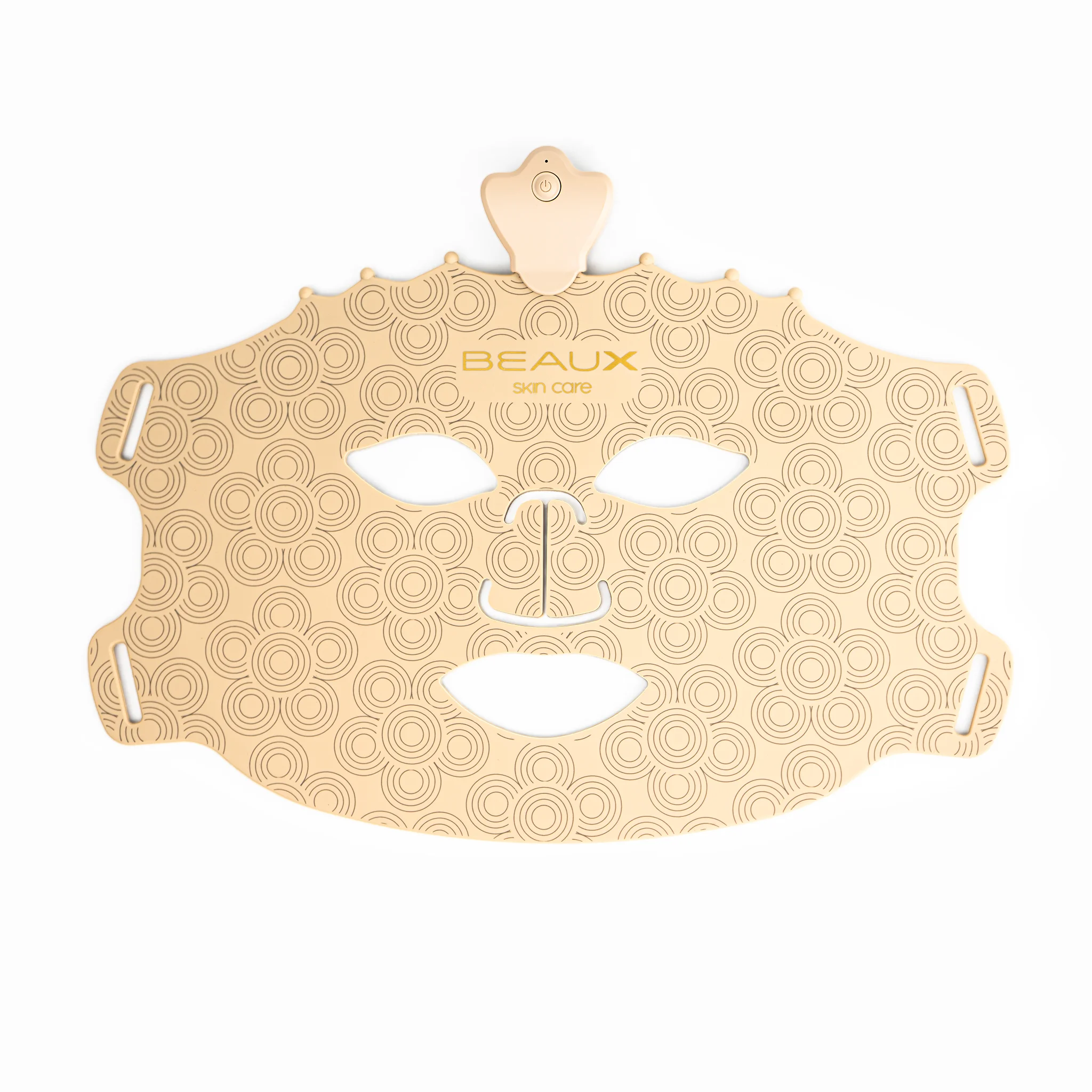 FR: Photo de face du LUMI, un masque de luminothérapie à LED en silicone de haute qualité. Couleur cacao. - BEAUX Paris
ENG: Front photograph of LUMI an LED light therapy mask of high silicon quality. Color in cacao. - BEAUX Paris