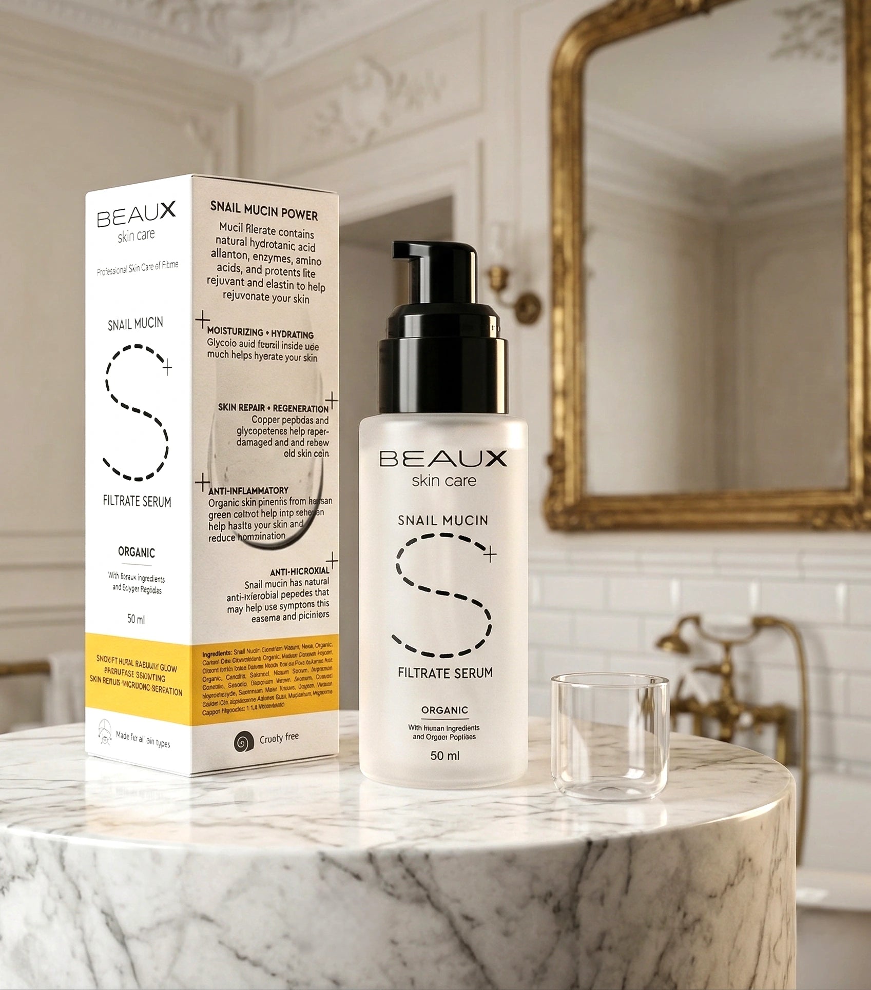 FR: BEAUX Paris SNAIL+ — flacon et boîte sérum bave d'escargot, salle de bain parisienne, mucine escargot
ENG: BEAUX Paris SNAIL+ — snail mucin serum bottle and box, Parisian bathroom, snail filtrate serum